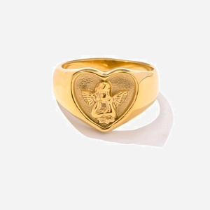 Heart Shaped Angel Signet Ring 18K Gold PVD Plated Stainless Steel Retro Cupid Relief Fashion Jewelry For Women