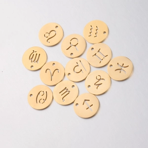 Set of 12 gold-plated 15mm round zodiac pendants with hollow astrological sign engravings