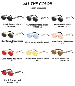 Grid display of steampunk sunglasses in ten vintage metallic frame and lens colors