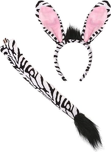 Detail of zebra pattern cosplay set with plush ears headband and long matching animal tail