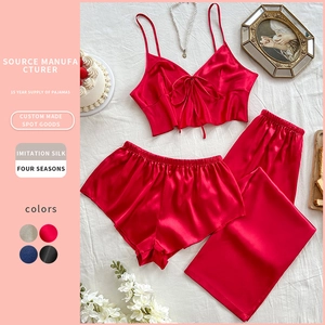 Women Imitation Satin Pajama Cami Top Shorts And Pants Satin Sleeveless V Neck Breathable Loungewear