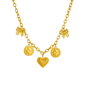 Vintage gold plated stainless steel chain necklace with bow coin and heart charms