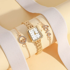 Elegant Women Watch And Bracelet Jewelry Square Dial Quartz Zinc Alloy Rhinestone Fashion Retro For Ladies