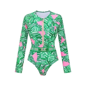 Long sleeve surfing swimsuit with green tropical leaf print and a front zipper closure
