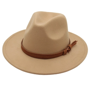Khaki wool fedora hat with a deep brown leather buckle belt on a white background