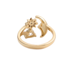 18K gold plated moon and star open ring featuring micro-paved cubic zirconia stones