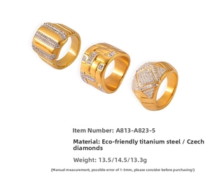 Detail of three chunky gold titanium steel rings with geometric diamond textures