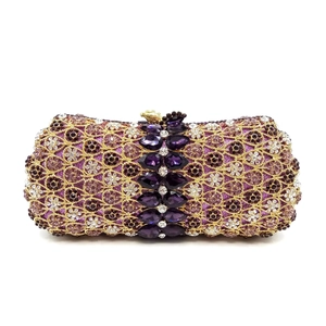 Luxury purple crystal stone clutch bag with gold metal frame and sparkling rhinestones