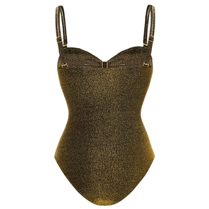 Détail de la texture dorée pailletée et de la boucle réglable en métal du maillot