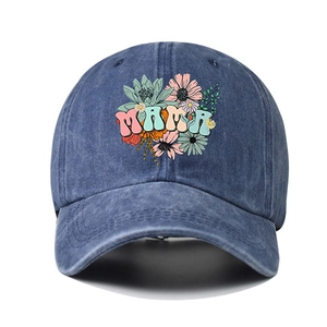 Washed navy cotton baseball cap with embroidered MAMA floral pattern design