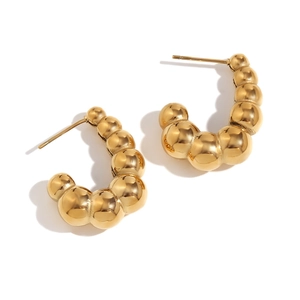 Minimalist 18K gold plated stainless steel beaded C-shaped hoop earrings on white background
