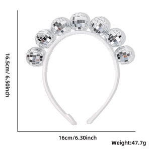 Detailed dimensions of silver disco mirror ball headband with white non-slip teeth