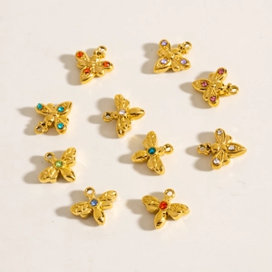 Set of ten golden bee pendants with colorful rhinestones for DIY jewelry making