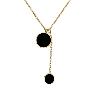 Minimalist titanium steel necklace with black double circular pendants on white background