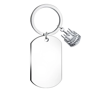 Polished stainless steel rectangular dog tag keychain with happy birthday cake charm