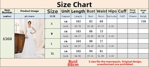 Comprehensive size chart for luxury lace wedding dress with detailed measurements