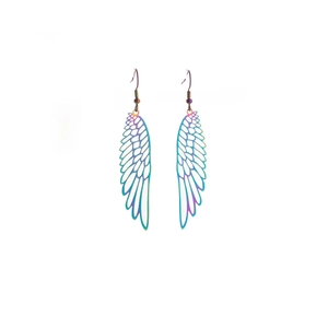 Detail of bohemian hollow metal feather earrings with colorful gradient finish
