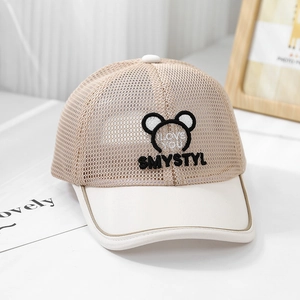 Close-up of mesh fabric and bear embroidery on this breathable kids baseball cap
