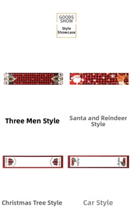 Detail view showing four Christmas table runners with buffalo plaid and Santa motifs