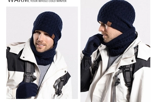 Detail of navy blue winter set with ribbed knit beanie, neck warmer and gloves for men