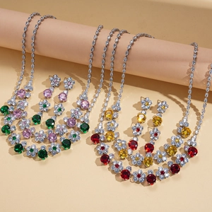 Luxury floral zircon necklace and earrings set with colorful gemstones in vintage court style