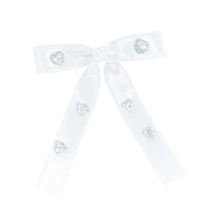 Elegant white satin bow hair clip with lace trim and sparkling heart-shaped rhinestones
