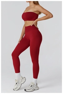 Side view of seamless deep red yoga set with high-waist leggings and sports bra