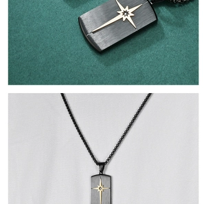 Detailed macro view of black and gold hexagram star pendant on men's stainless steel chain