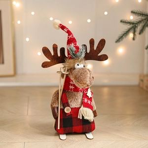 Plush Christmas reindeer doll with red knit hat and wooden skis for home holiday decoration