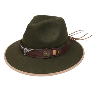 Detailed view of the dark green felt hat with leather strap and bull head metal ornament