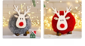 Plush Christmas reindeer ornaments in red and blue with wooden faces and cozy decor