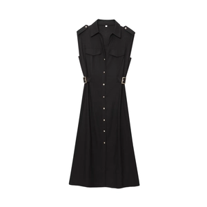 Elegant black sleeveless utility midi dress with collar and gold buckled belt