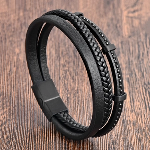 Handcrafted double-layer black braided leather bracelet with magnetic steel clasp