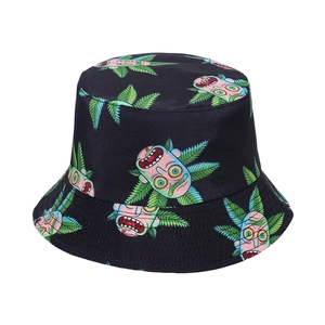 Cappello da pescatore hip-hop nero unisex con personaggio cartoon e stampa di foglie