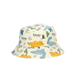 Cute beige toddler sun hat with colorful cartoon dinosaur prints and outdoor sun protection