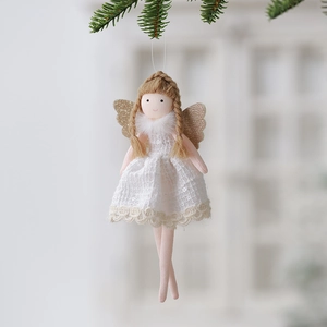 Angelo di peluche con vestito di pizzo bianco e ali d'oro per decorazione albero di Natale
