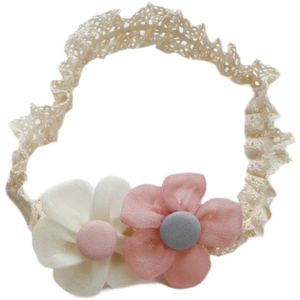 Lace baby headband with beige floral fabric flowers for infant photography and daily wear