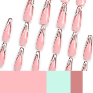French wave pattern coffin press-on nails in pink, mint green and brown colors