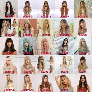 Grid display showing various long wavy synthetic hair wig styles and color options