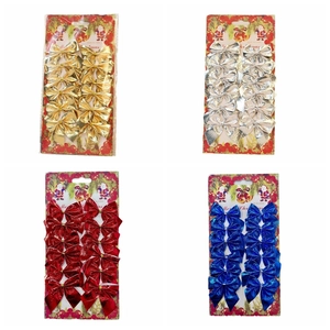 Close-up of 12-piece Christmas tree bow ornaments in gold, silver, red, and blue colors