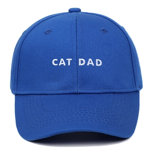 Detailed view of white CAT DAD embroidery on a dark blue cotton baseball cap crown