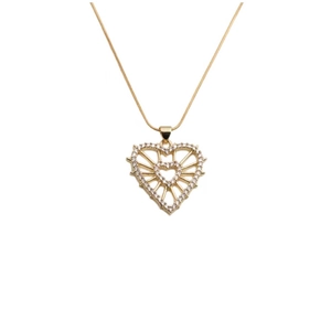 Golden heart pendant necklace with hollow radial design and sparkling zircon inlays