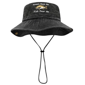 Dark grey outdoor fishing bucket hat with Fish Fear Me embroidery and adjustable drawstring