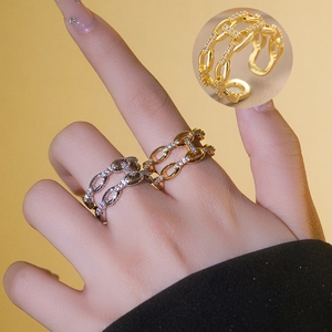 Double Layer Chain Adjustable Open Ring Micro Pave Zirconia Copper Luxury Minimalist Fashion Jewelry For Women
