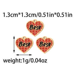 Detail of red heart charms with Best engraving showing dimensions 1.3cm and 1g weight