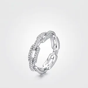 S925 Sterling Silver Hollow Chain Link Ring For Women Geometric Modern Pave Zirconia Inlaid Minimalist Ins Fashion Jewelry Ring