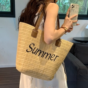 Women Summer Straw Woven Tote Bag Large Capacity Beach Shoulder Handbag With PU Leather Handles And Letter Embroidery