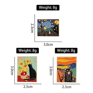 Famous oil painting enamel pins featuring black cats with sunflowers and starry night designs