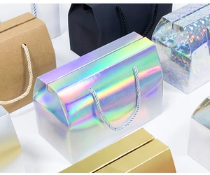 Set of colorful handheld gift boxes featuring holographic finish and sturdy woven handles
