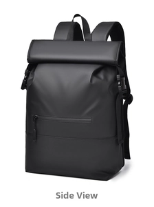 Detail of waterproof roll-top backpack featuring a minimalist design and hidden front zipper